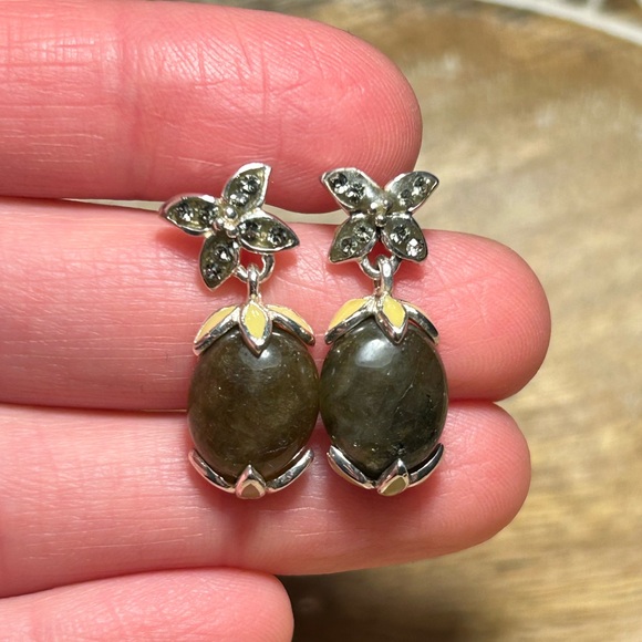 David Sigal Green Labradorite Flower Enamel 925 Sterling Silver Drop Earrings - Picture 10 of 15